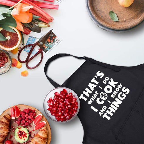 Rosoz Funny BBQ Black Chef Aprons for Men, Adjustable Kitchen Cooking Aprons with Pocket, I Cook and I Know Things,