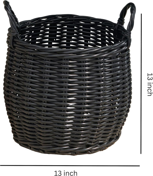 Isidore Round Resin Woven Basket with Handles - Multi-Purpose Organizer for Storage, Laundry, 13" x 13" x 13"