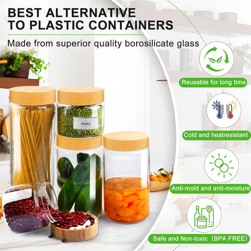 AISIPRIN Airtight Glass Jar with Lid - Glass Storage Containers with Screw On Bamboo Lids, 5Pcs Set