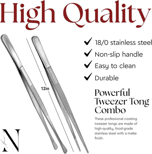 Namre' Tweezer Tongs for Cooking - 2 Pack Stainless Steel Plating Tweezers, Thin Chopstick Tongs, 12 Inch, Silver