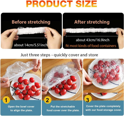 200PCS Reusable Plastic Bowl Covers, Elastic Food Storage Covers, Stretch Plastic Wrap for Food, Outdoor Picnic
