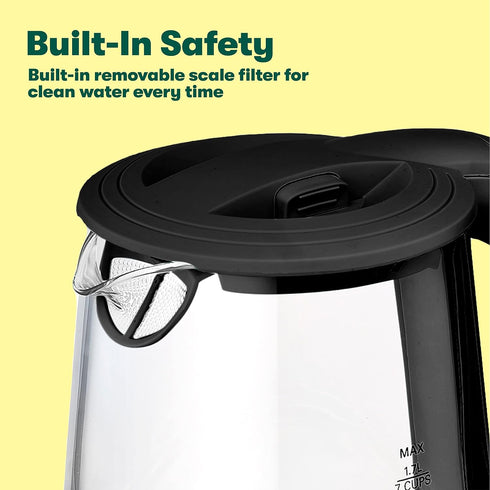 BELLA 1.7 Liter Glass Electric Kettle, Quickly Boil 7 Cups of Water, Auto Shut-Off, Black