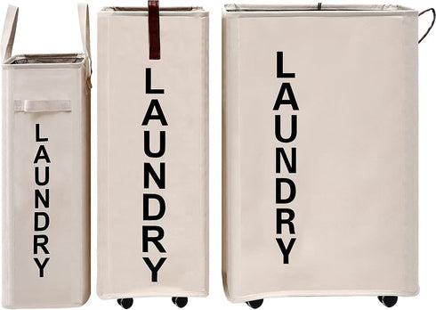 92L Large Laundry Hamper with Leather Handle,Standable Laundry Basket with Wheels ,Large Hamper,Rolling Laundry Basket