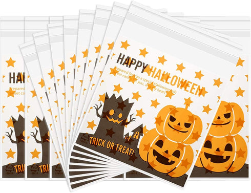 Boao 100 Pieces Clear Halloween Treat Bags, Self Adhesive Candy Bags Bulk Pumpkin Cellophane Plastic Cookie Pouch for