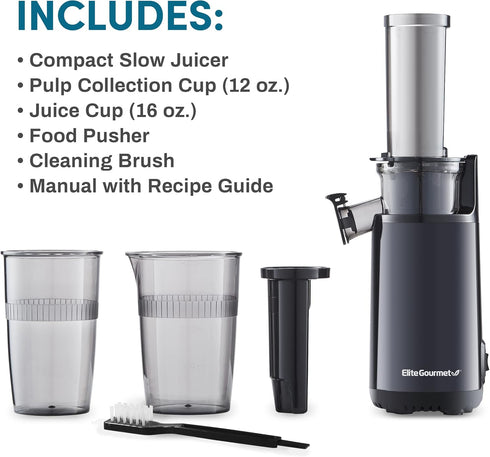 Elite Gourmet Masticating Juicer Machines - 12-inch Cold Press Juicer for Vegetables and Fruits, Easy to Clean