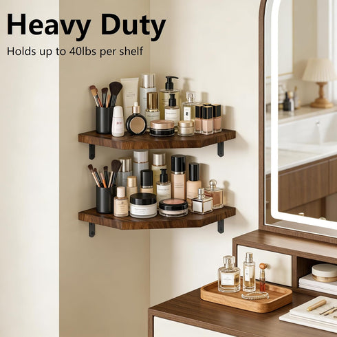 Set 2 Alsonerbay Corner Shelf Wall Mount, of Floating Corner Shelves with Cord Hole, Rustic Wood Shelves for TV