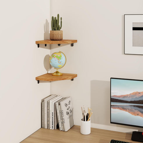 7in 1 Pack) Fun Memories Corner Shelf Wall Mount, Solid Oak Wood Floating Corner Shelves with Cable Hole, Rustic Design