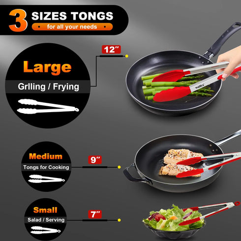Walfos Kitchen Tongs, 7" 9" and 12" Heat Resistant Cooking Tongs, Stainless Steel and BPA Free Silicone Tips, Set of 3