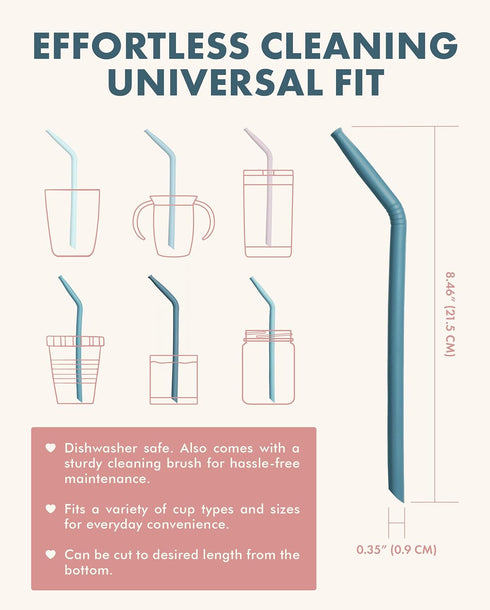 Nightingale Reusable Silicone Straws - Set of 6 Bendy Drinking Straws with Cleaning Brush, Collapsible Travel Straw