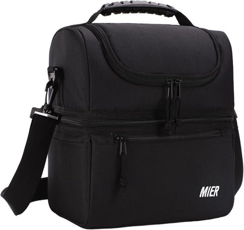 MIER 2 Compartment Lunch Bag, Leakproof Insulated Cooler Bag for Work, Black, for Men and Women