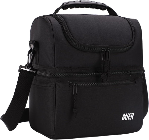 MIER 2 Compartment Lunch Bag, Leakproof Insulated Cooler Bag for Work, Black, for Men and Women