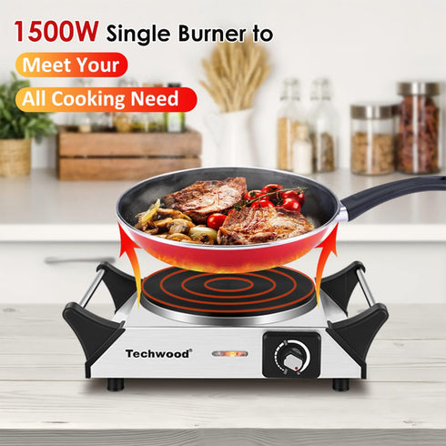 Techwood Single Burner Hot Plate, 1500W Electric Stove with Adjustable Temperature & Stay Cool Handles, 7.5" Silver