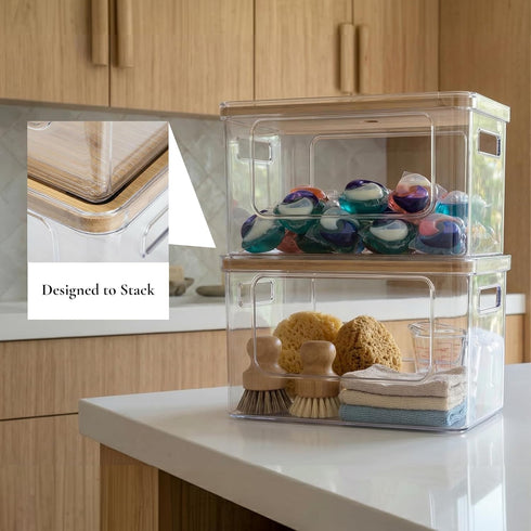 Hudgan Stackable Storage with Bamboo Top for Laundry Room Organization, Extra Large Trash Bag/Garbage Bag Dispenser