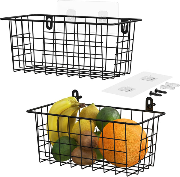 MaraFansie 2 Pack Hanging Kitchen Baskets, Wire Storage Basket Over the Cabinet Door Organizer with Adhesive Strips