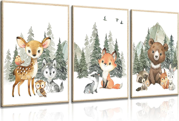 3Pcs Woodland Animal Nursery Canvas Wall Art Forest Adventure Theme Animals Picture
