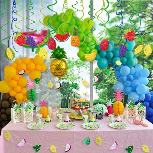 30Ct Tutti Frutti Hanging Swirl Decorations, Tropical Fruit Party Supplies for Summer Birthday Luau