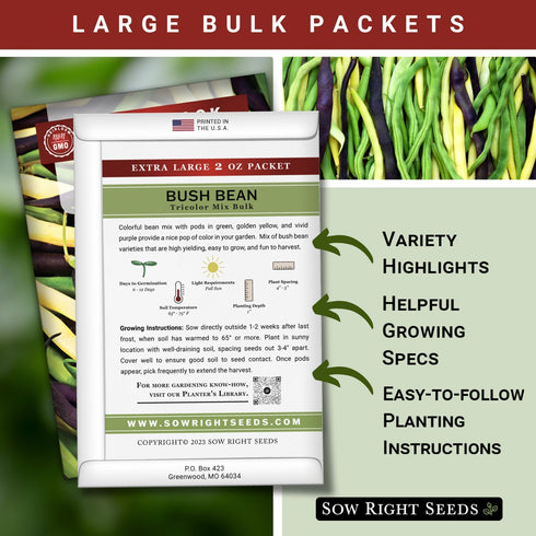 2 170 Pack (1) Sow Right Seeds - Bulk Mixed Tricolor Bean Seeds for Planting - Ounce, Seeds - Non-GMO Heirloom Jumbo