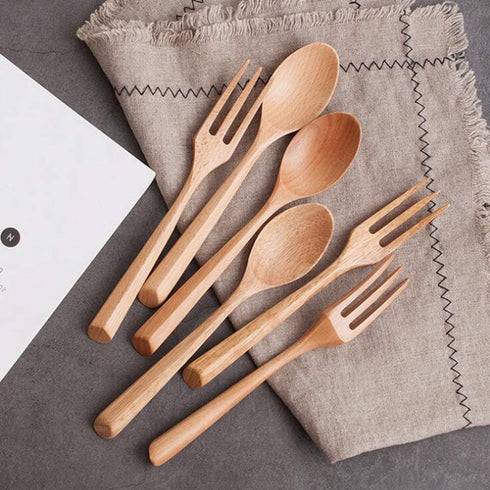 Kyien 6Pcs Wood Soup Spoons and Forks Set - Eco-Friendly Wooden Flatware with 3 Spoons and 3 Forks for Natural Eating