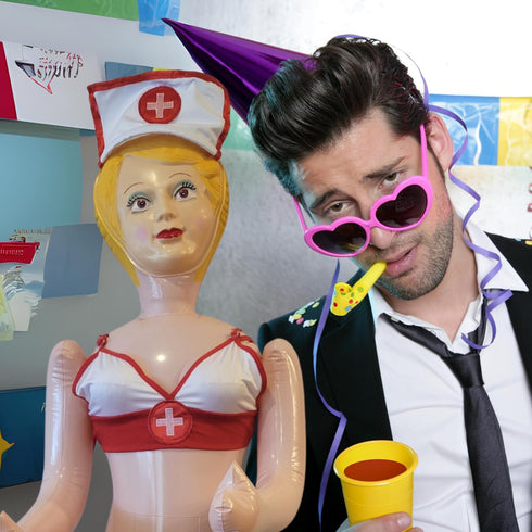 Merrimix - Ginger Inflatable Blow Up Doll with Nurse Costume, Gag Gifts for Men, Bachelor Party Favors and Decoration