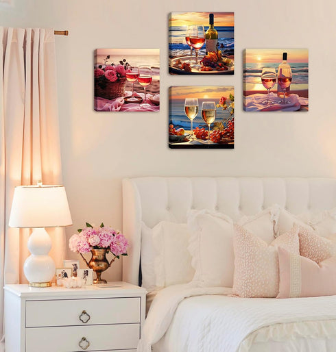 Sunset 12"X12"X4 Kitchen Decor Dining Room Wall Art Wine Glass Still Life Fruit Goblet Canvas Prints Artwork Beach