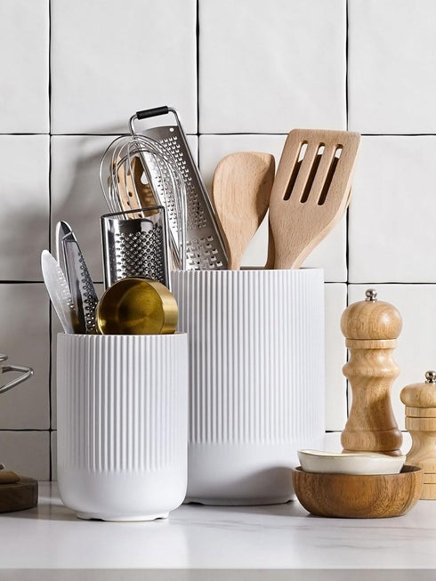 LE TAUCI Utensil Holder Set of 2, 7.3"+5.4" Ceramic Kitchen Crocks for Countertop, Modern Utensil Organizer, White
