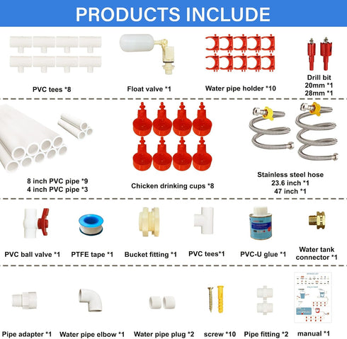 Set 304 Complete Pipeline Automatic Chicken Waterer System with PVC Pipeline and Stainless Steel Hose, Chicken Water