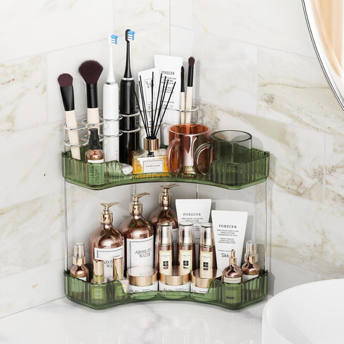 Asayuee 2-Tier Counter Countertop 2 Corner Bathroom Organizer with Top Toothbrush Holders,Large Makeup Organizer