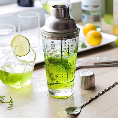 Cocktail Shaker Glass: 13.5oz Martini Shaker with Recipes on Side - Professional Bar Tool with Scale Glass