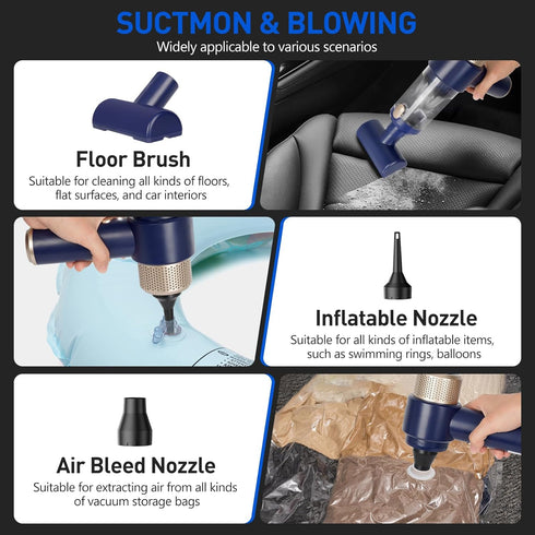 Portable Cordless Car Vacuum Cleaner - 15000 Pa Vacuum & Air Duster, Handheld with LED Light & Multi-Nozzles