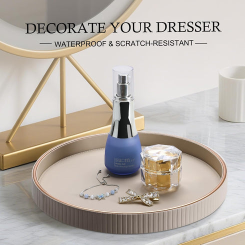 Counter, KINGFOM Round Decorative Tray, PU Leather Vanity Tray Organizer with Gold Trim for Dresser, Coffee Table