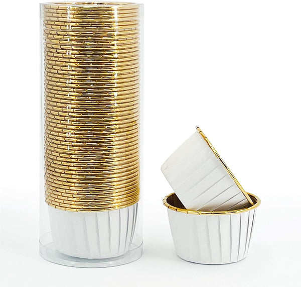 Party Hippo Cupcake Cups, 3.5 Oz Disposable Foil Muffin Liners, 50 pcs Gold Baking Cups, Ramekin Holders (White)