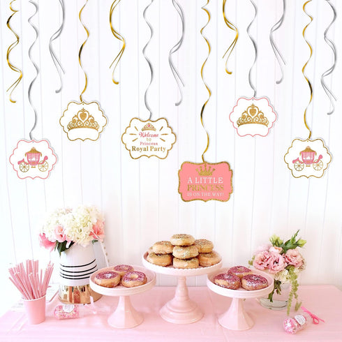 LINGTEER A Little Princess Royal Crown - 12 pcs Pink Swirls Streamers for Baby Girl Birthday Shower Decorations