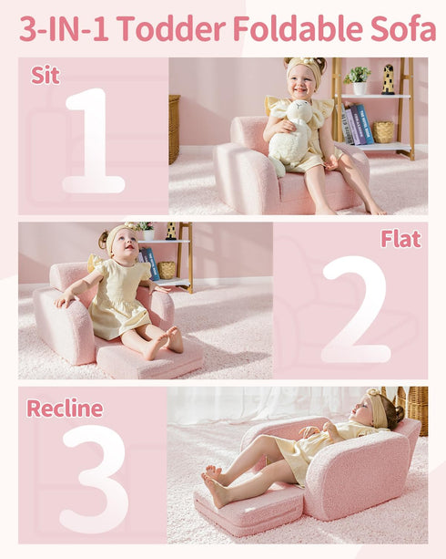 3-in-1 1-3 KidBloom Toddler Couch, Toddler Chairs Comfy Years Old, Kids Plush Sofa Chair, Mini High Resilience Foam