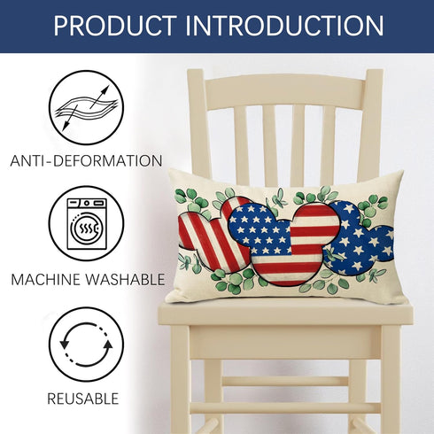 4th of July Cartoon Mouse Patriotic Throw Pillow Cover - 12 x 20, Rectangular America USA Outdoor Home Decor
