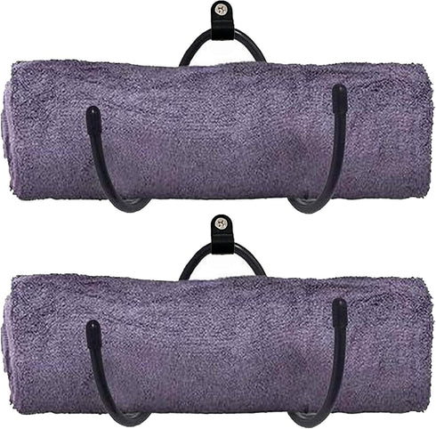 Wall Mount Towel Storage Rack Organizer for Bathroom, Kitchen, Utility Room - Adjustable Metal Hooks - 2/PK (Black)