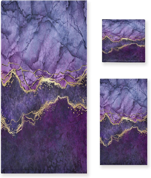 KENADVI Purple Marble Bath Towels Set,Ultra Soft 3 Piece Abstract Gold Texture Aesthetic