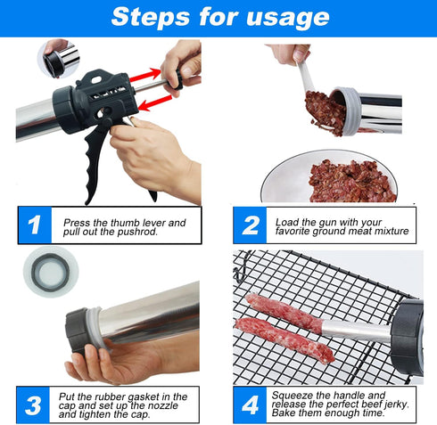 GGYCASE 2LB 5 Nozzles 3 Large Capacity Stainless Steel Jerky Gun Kits, Sausage Stuffer Machine, Meat Gun, Beef Jerky