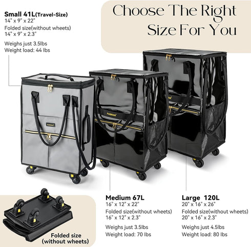 Small_41L) Reusable Grocery Bag on Wheels, Foldable Rolling Duffle Bag, Carry on Luggage Bag with Handle and Zipper