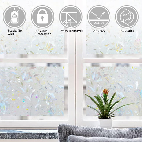 LEMON CLOUD Decorative Window Privacy Film, 3D Stained Glass Window Sticker, Anti-UV Sun Blocker (Rainbow Tulip Design,