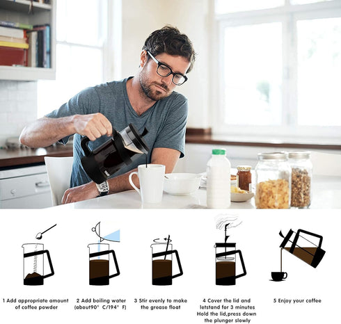French Press Coffee Maker, 34 Oz Large Glass Pitcher, 4 Level Filter System, Stainless Coffee Spoon & Cleaner Brush
