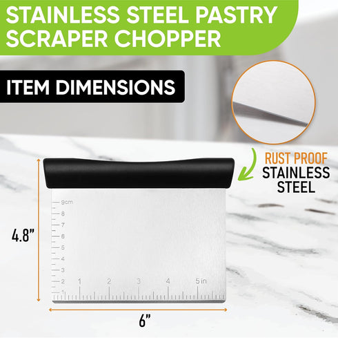 Spring Chef Dough Bench Scraper for Baking, Stainless Steel Kitchen Dough Cutter Tool, Dishwasher Safe, Black