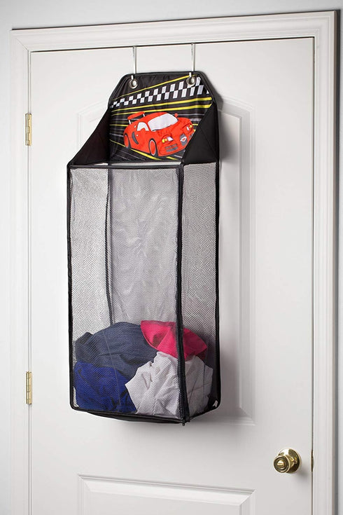 Store&Score Over The Door Hanging Kids LED Race Car Light-Up Laundry Hamper, Toy Chest, Metal Hooks