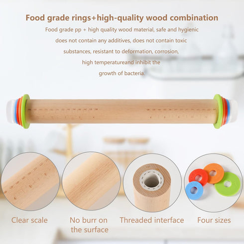 Wood Rolling Pin with 4 Adjustable Thickness Rings, Non-stick Dough Roller, 17 Inch Pizza Roller for Baking