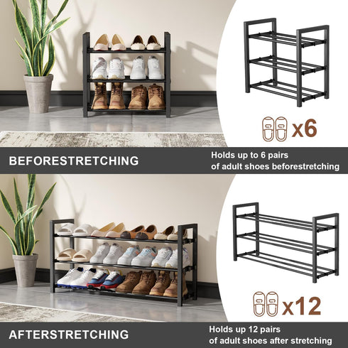 3-Tier Closet Expandable Shoe Rack, Adjustable Shoe Shelf Storage Organizer Heavy Duty Metal Free Standing Shoe Rack