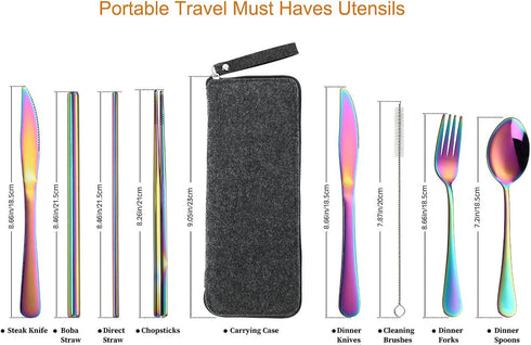 VANDBAO Portable Camping Utensils Set - Reusable Stainless Steel Cutlery with Case, Extra Steak Knife & Boba Straw
