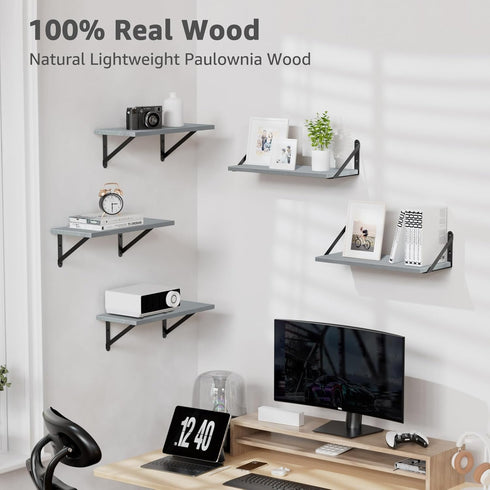 COCOYA 7.3" Set 2, Wall Shelves Deep of Solid Paulownia Wood Wider Longer Sturdy Easy to Install Wall Mounted