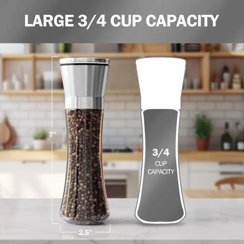 Set 2 Home EC Premium Stainless Steel Sea Salt and Pepper Grinder of - Adjustable Ceramic - Tall Glass Salt and Pepper