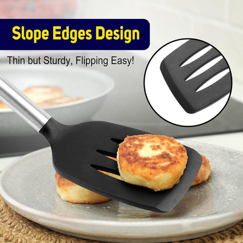 HOTEC Heat Resistant Silicone Slotted Solid Turner Spatula, Kitchen Spatula Set, Cooking Utensils for Nonstick