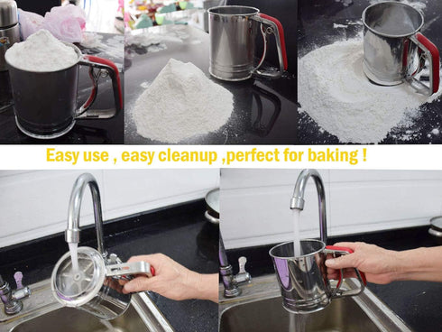 3-Cup Stainless Steel Flour Sifter - Squeeze Sifter for Baking with Compatible Silicone Handle (Red)
