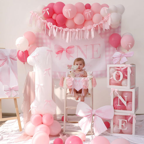 Pink Bow Birthday Decorations Girls Just Wanna Be One First Birthday Pink White Balloon Arch Backdrop High Chair Banner